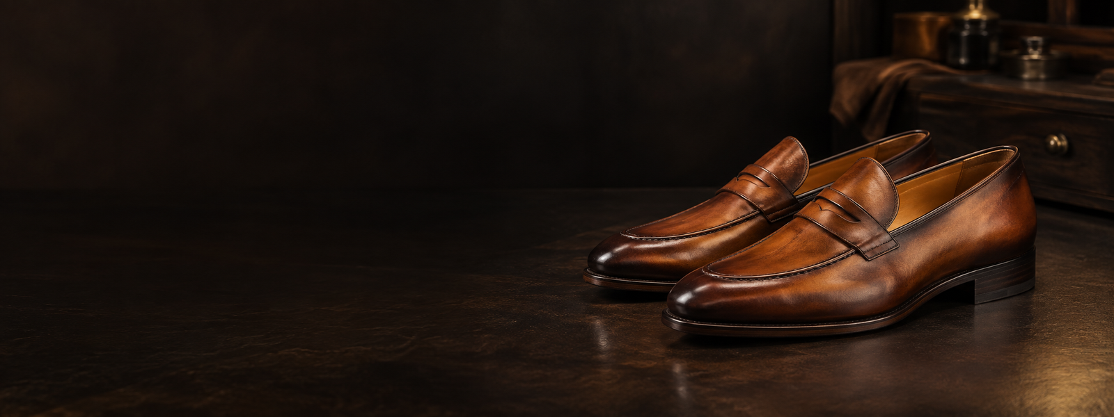 Hand-burnished cognac loafer collection