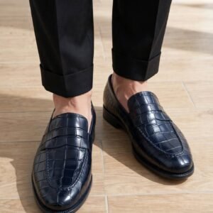 Navy Blue Crocodile Loafers Men